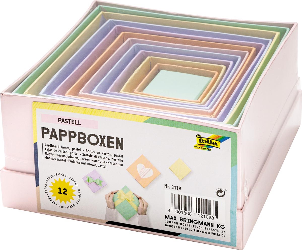 Verwachting Herkenning mout Folia dozen voor decoratie, vierkant, uit karton, pak van 12 stuks in  geassorteerde maten, pastelkleuren One-Stop-Office-Shop.nl