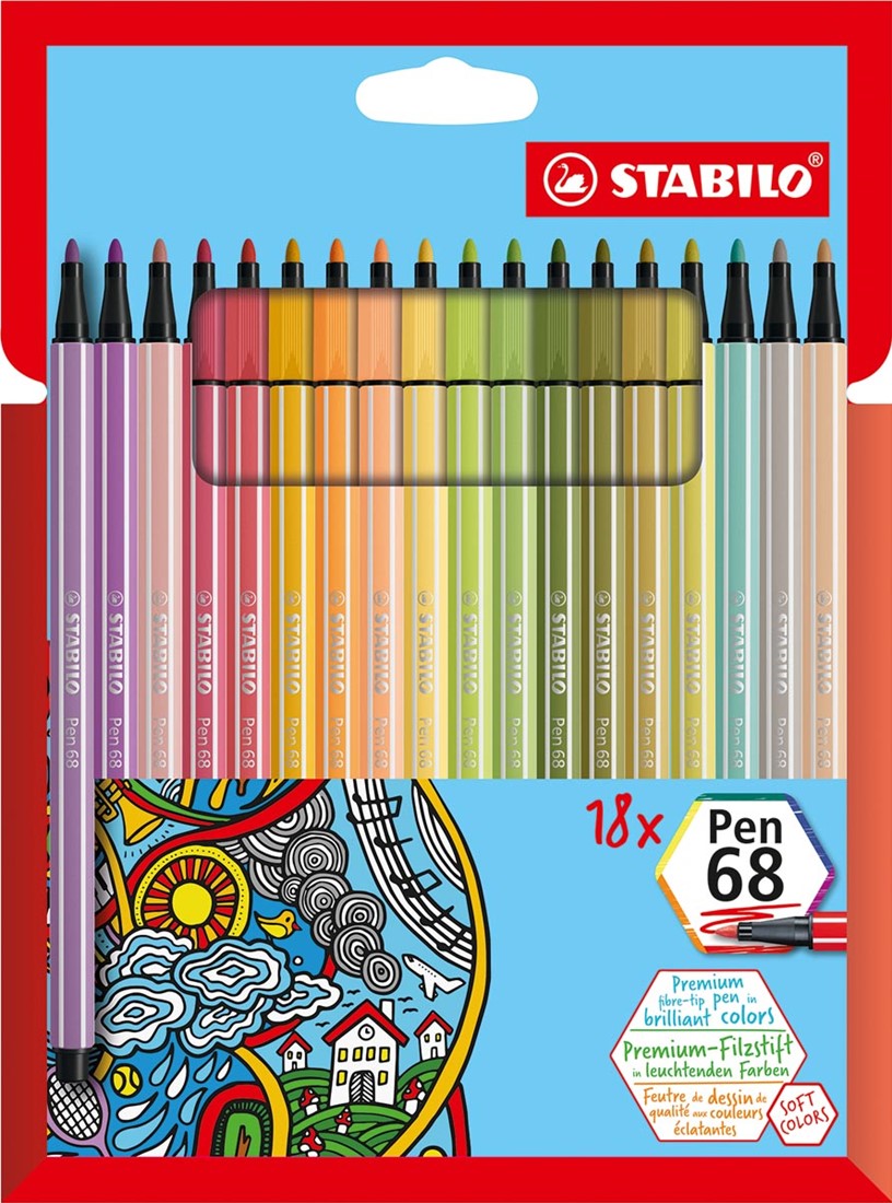 STABILO Pen viltstift, kartonnen etui van 18 stuks in geassorteerde zachte kleuren One-Stop-Office-Shop.nl