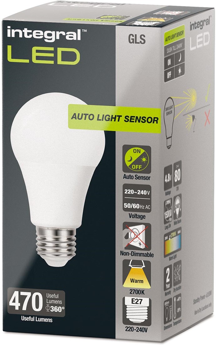 Integral Classic LED lamp E27, dag/nacht sensor, niet dimbaar, 2.700 K, 4,8 W, 470